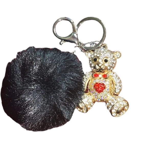 Key Ring Chain/Bag Charm Gold Rhinestone Teddy Bear red rhinestone ❤️ w Pom Pom - Picture 1 of 4